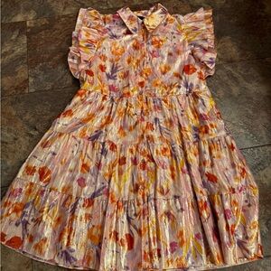 Tiered floral midi dress metallic